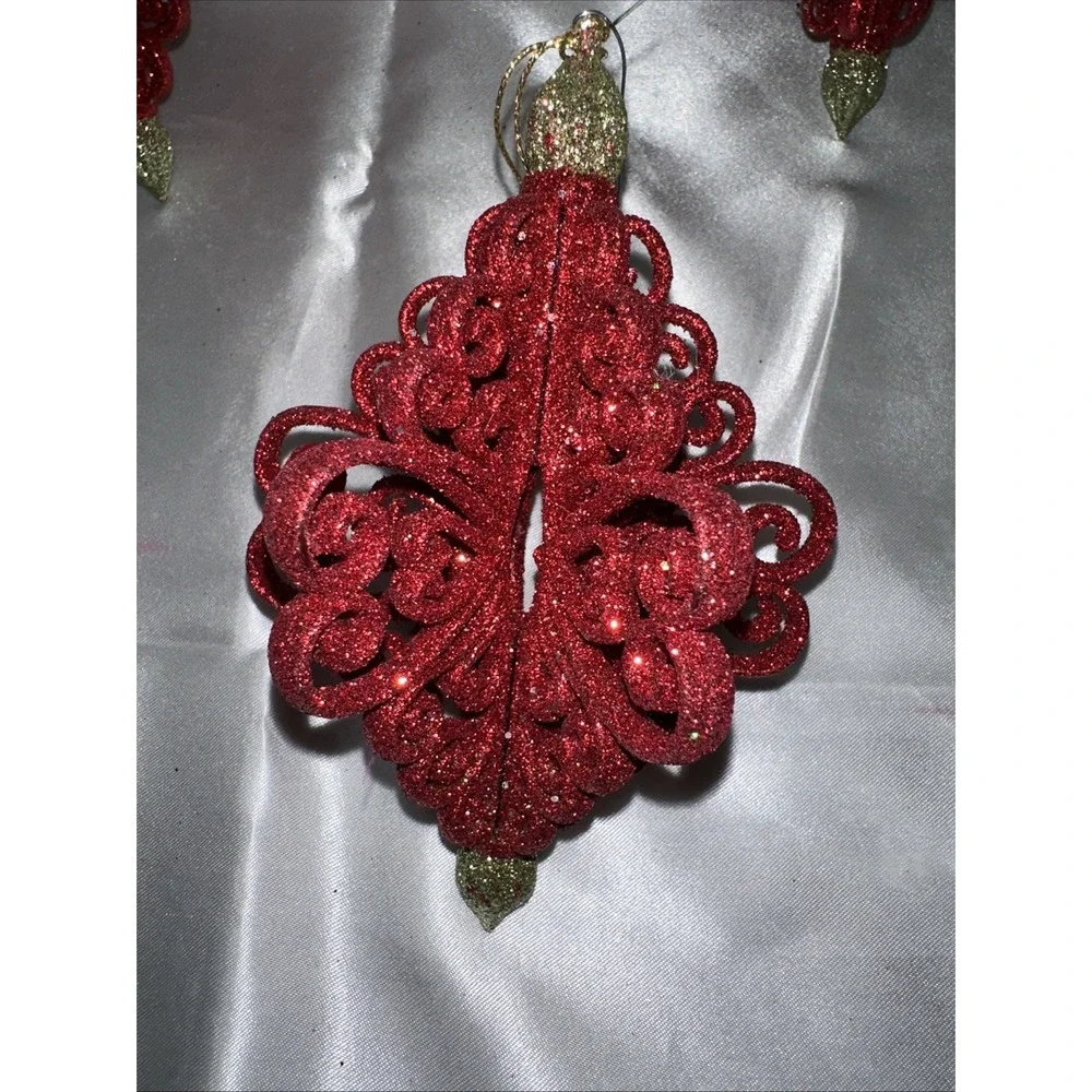 Red Glitter Scroll Christmas Ornaments Set of 3 Filigree Finial Holiday Decor